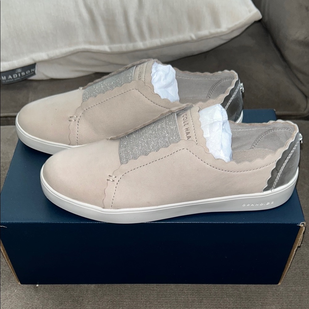 New. Cole Haan Grand pro spectator Cream and Silver Scalloped slip on sneakers